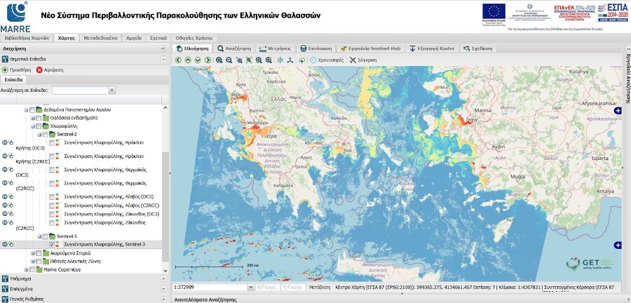 Το περιβάλλον της χαρτογραφικής πλατφόρμας της GET για την παρακολούθηση των ελληνικών θαλασσών (Συγκέντρωση χλωροφύλλης.jpg