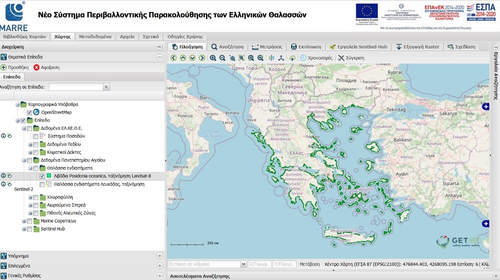 Το περιβάλλον της χαρτογραφικής πλατφόρμας της GET για την παρακολούθηση των ελληνικών θαλασσών (θαλάσσια λιβάδια Ποσειδωνίας)..jpg