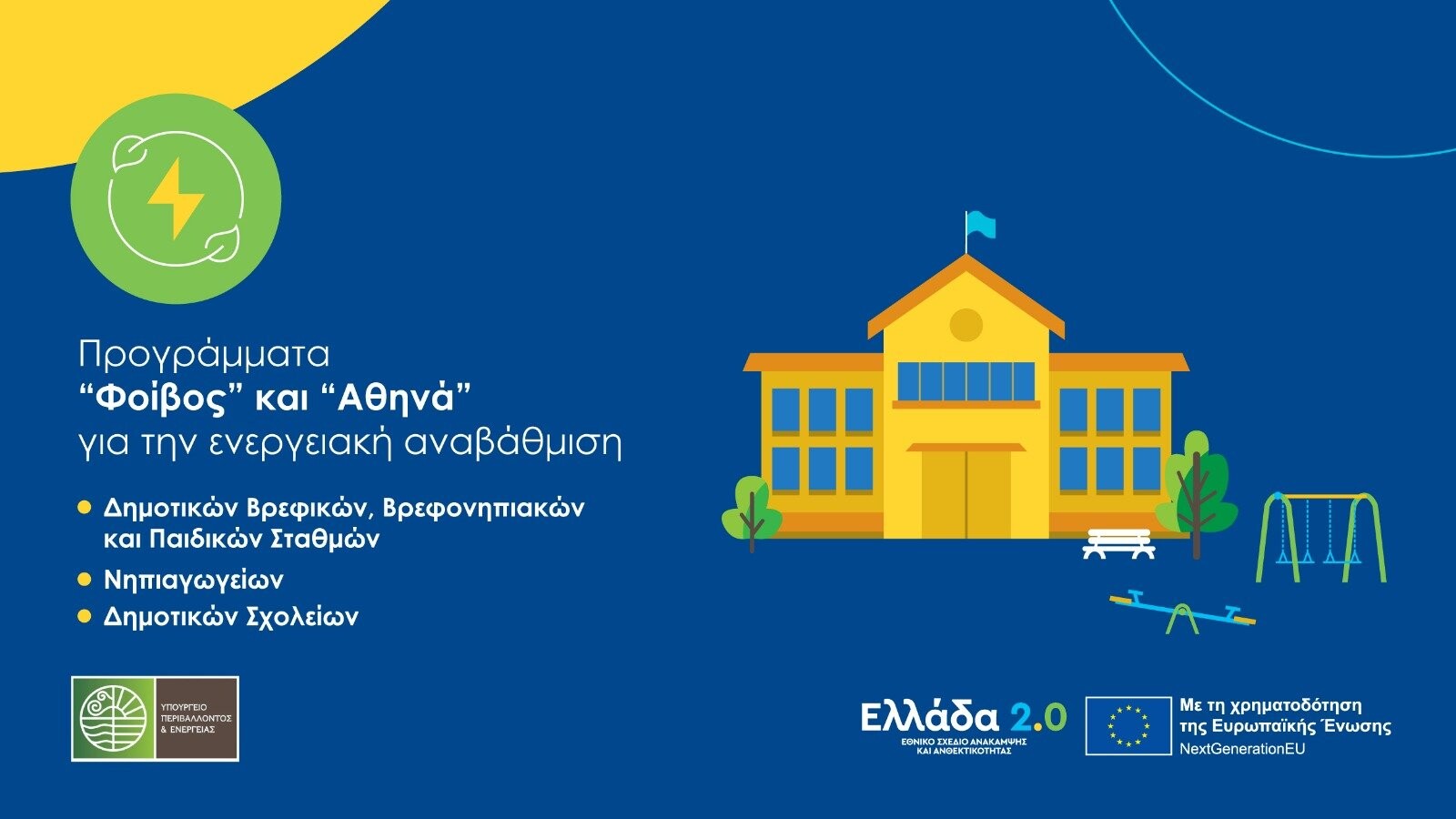 More information about "Παράταση υποβολής αιτήσεων για τα Προγράμματα «Φοίβος» και «Αθηνά», που αφορούν ενεργειακή αναβάθμιση σε Δημοτικά Σχολεία, Νηπιαγωγεία και Παιδικούς Σταθμούς"